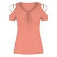 thumbnail image 4 of Wycnly Womens Tops Solid Short Sleeve V-Neck Tee Shirts Summer Tie Front Sexy Slim Fit Strappy Cold Shoulder Tunic Blouse Pink XXL Clearance Clothes, 4 of 5