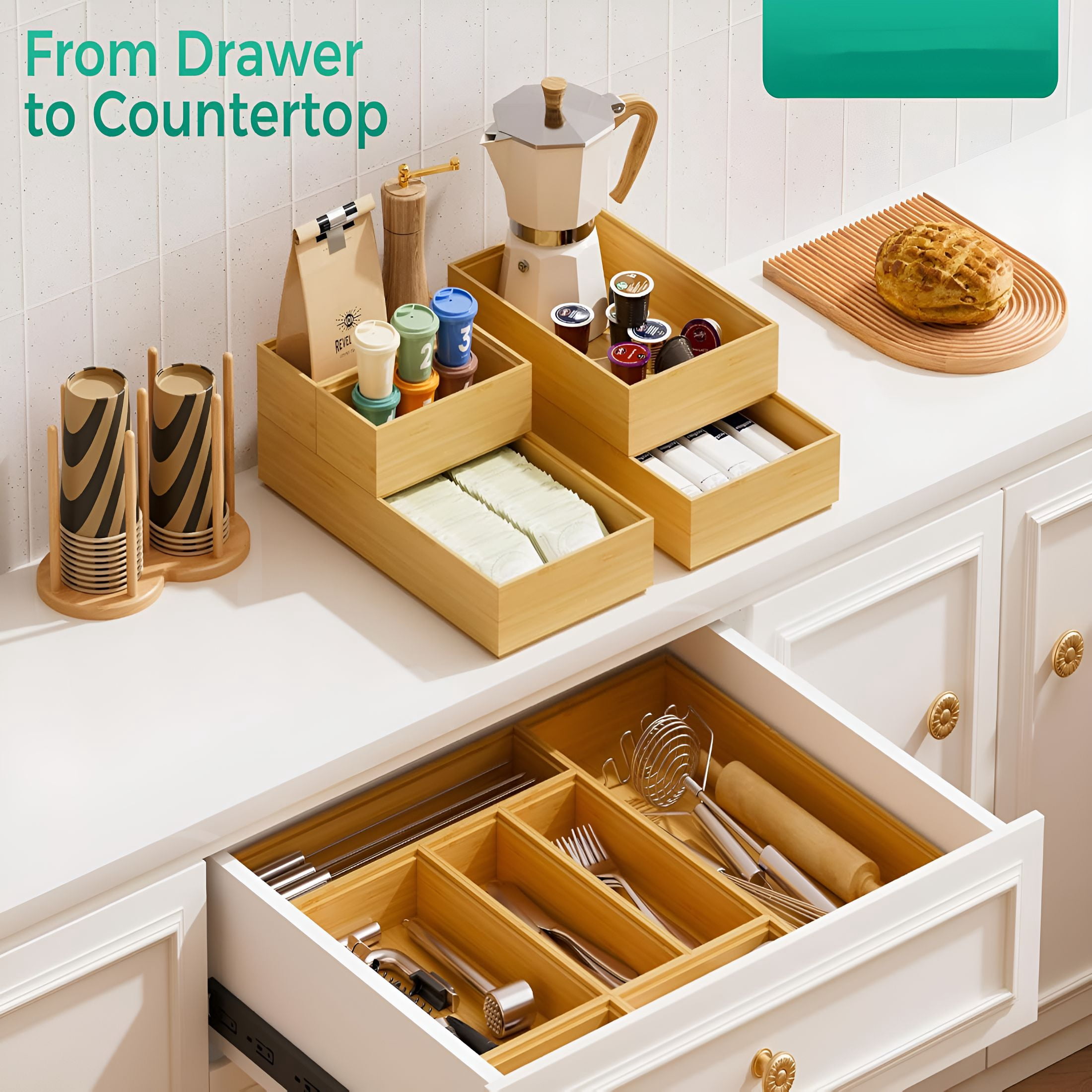 XIBUFE 2026 New Bamboo Kitchen Drawer Organizer Boxes – 15" X 6" Stackable Wood Silverware Utensil Tray for Drawers Bins,Cutlery&Flatware Storage – Wooden Organizers Set of 2 for Junk Drawer,Bathroom