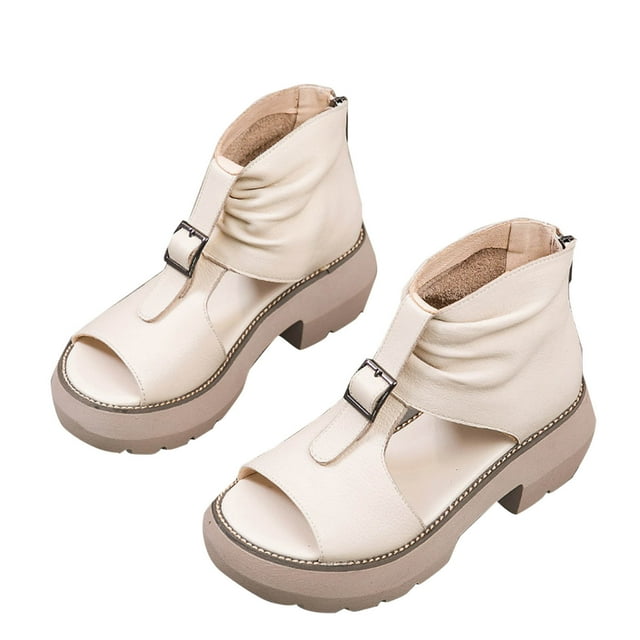 Womens High Top Leather Sandals Zipper Back Peep Toe Boot Sandals for Women Beige