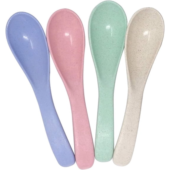 4-Piece Chinese Wonton Soup Spoons,5.9-Inch Colorful Wheat Straw Spoons,Eco-Friendly Reusable Tableware for Home,Kitchen, Soup, Noodles and Desserts