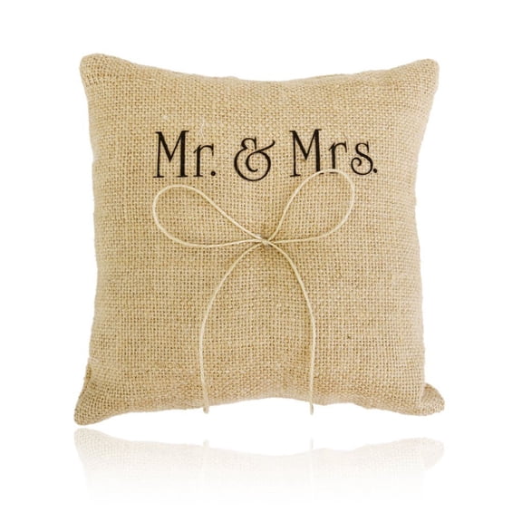TABLZONE Handmade Burlap Ring Pillow with Mr and Mrs Print Twine Double Heart Wedding Ring Pillow