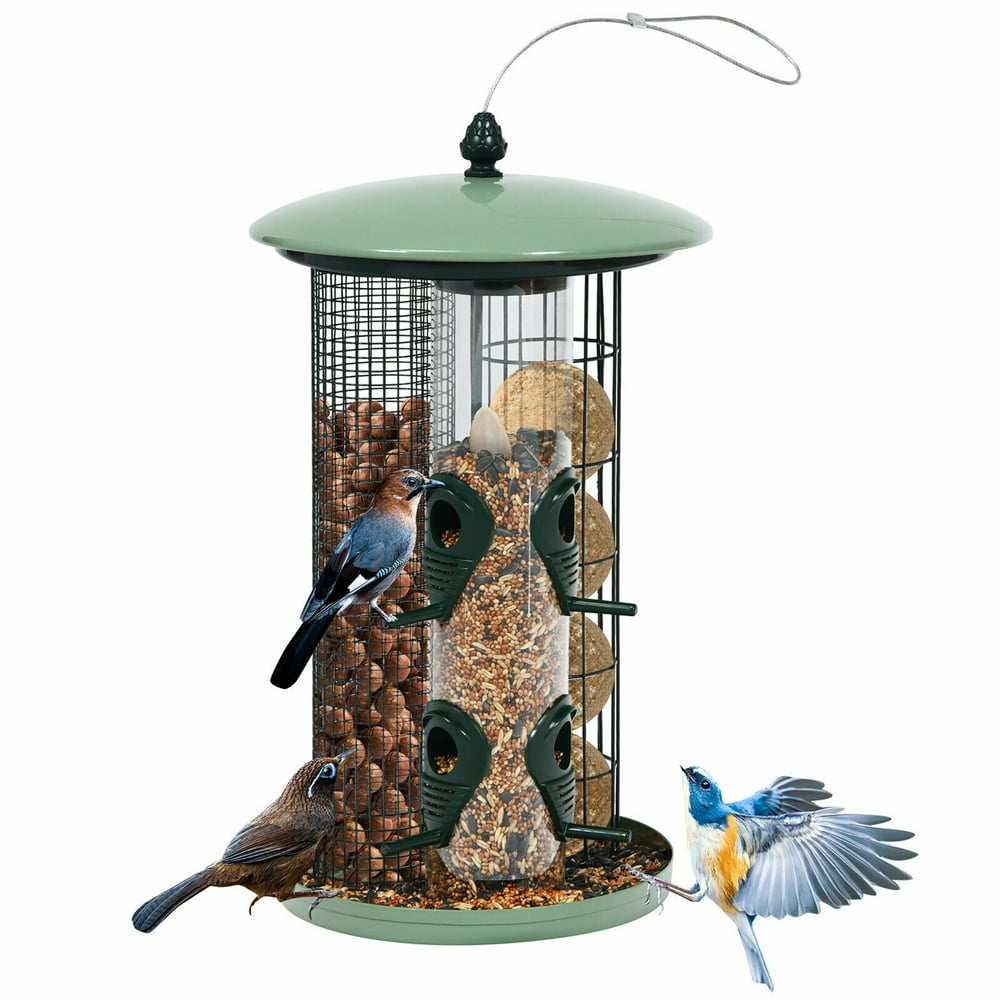 Gymax 3-in-1 Metal Hanging Wild Bird Feeder Outdoor w/ 4 Feeding Ports