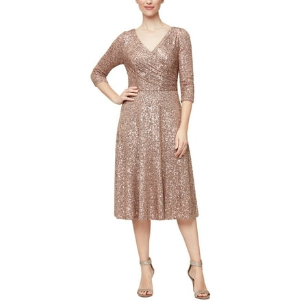 Alex Evenings Midi Length A-Line Dress with Surplice Neckline and 3/F4 Sleeves (Womens, Latte, 6)