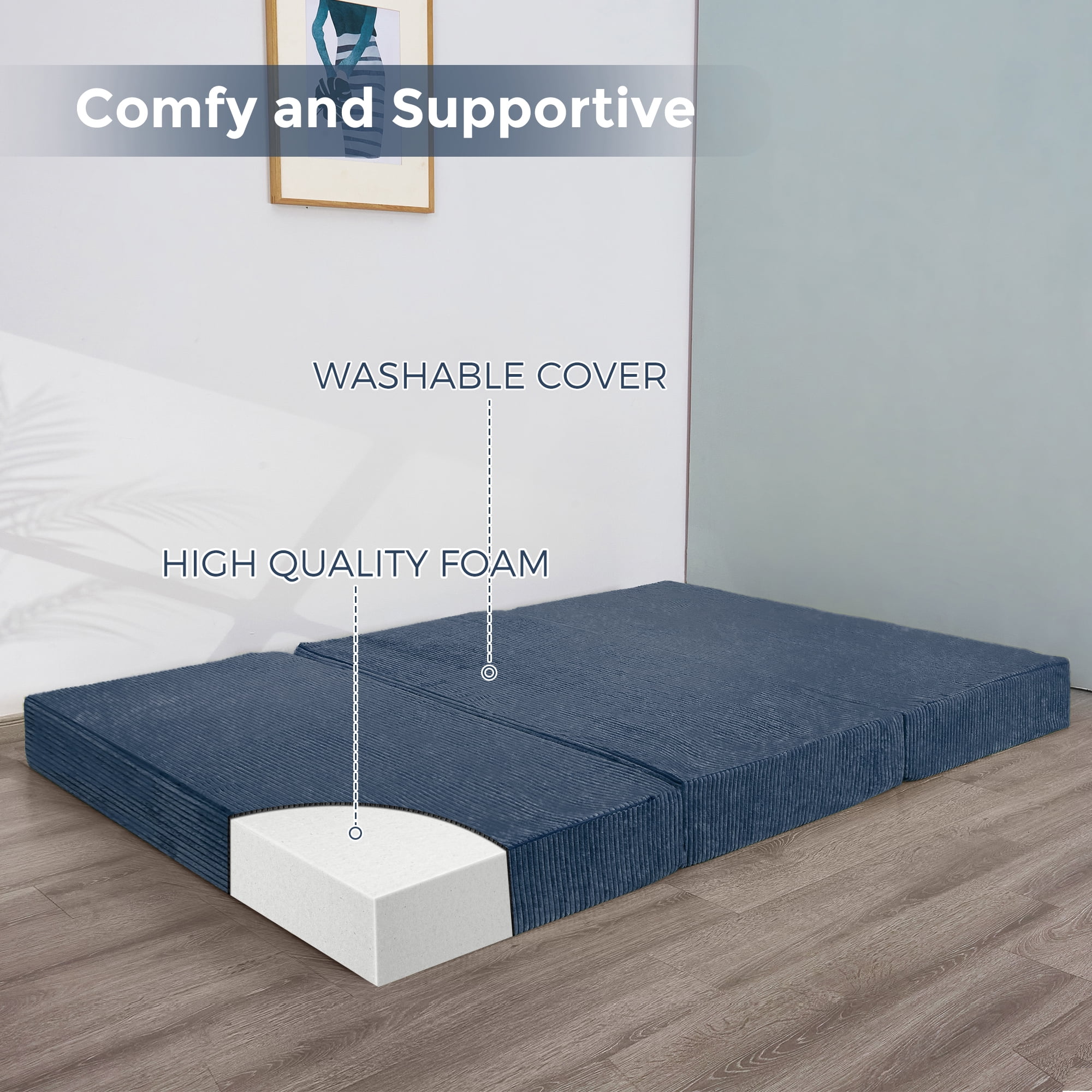 MAXYOYO 6 inch Folding Corduroy Mattress, Tri Fold Floor Mattress thick with Washable Cover,Foldable in Three,Space-Saving for Guest (Blue, Full)