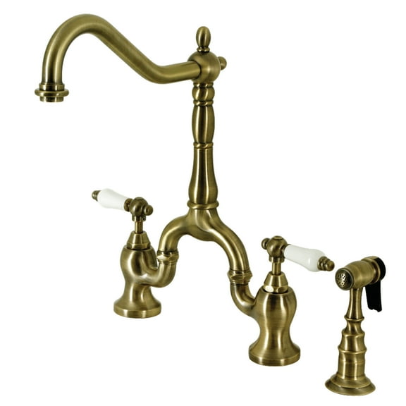 Kingston Brass KS7753PLBS English Country Two-Handle 3-Hole Deck Mount Bridge Kitchen Faucet with Brass Side Sprayer in Antique Brass