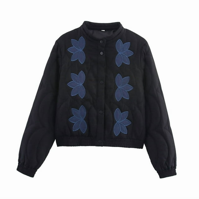 Womens Floral Embroidered Cropped Quilted Jacket Winter Warm Button Down Puffer Jacket Coat with Pockets