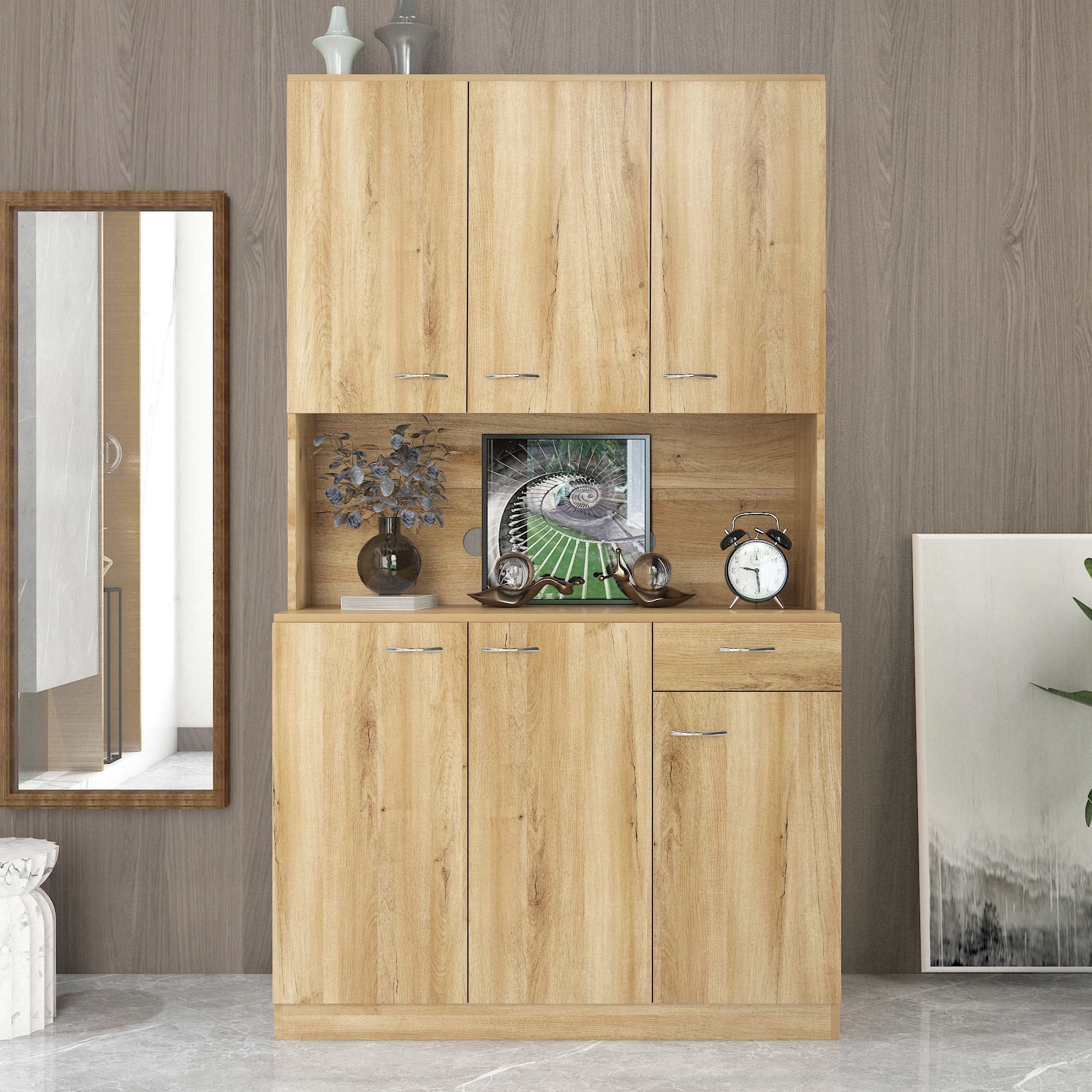 70 87 Tall Wardrobe Kitchen Cabinet with 6 Doors 1 Open Shelves and