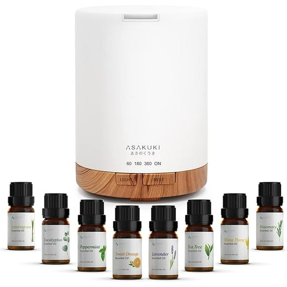 ASAKUKI Essential Oil Diffuser, Aromatherapy Cool Mist Home Humidifier with 7 LED Color Changing Light and Auto-Off Safety Switch, 8 Essential Oils Set, 300ml (X-Brown with Oils)