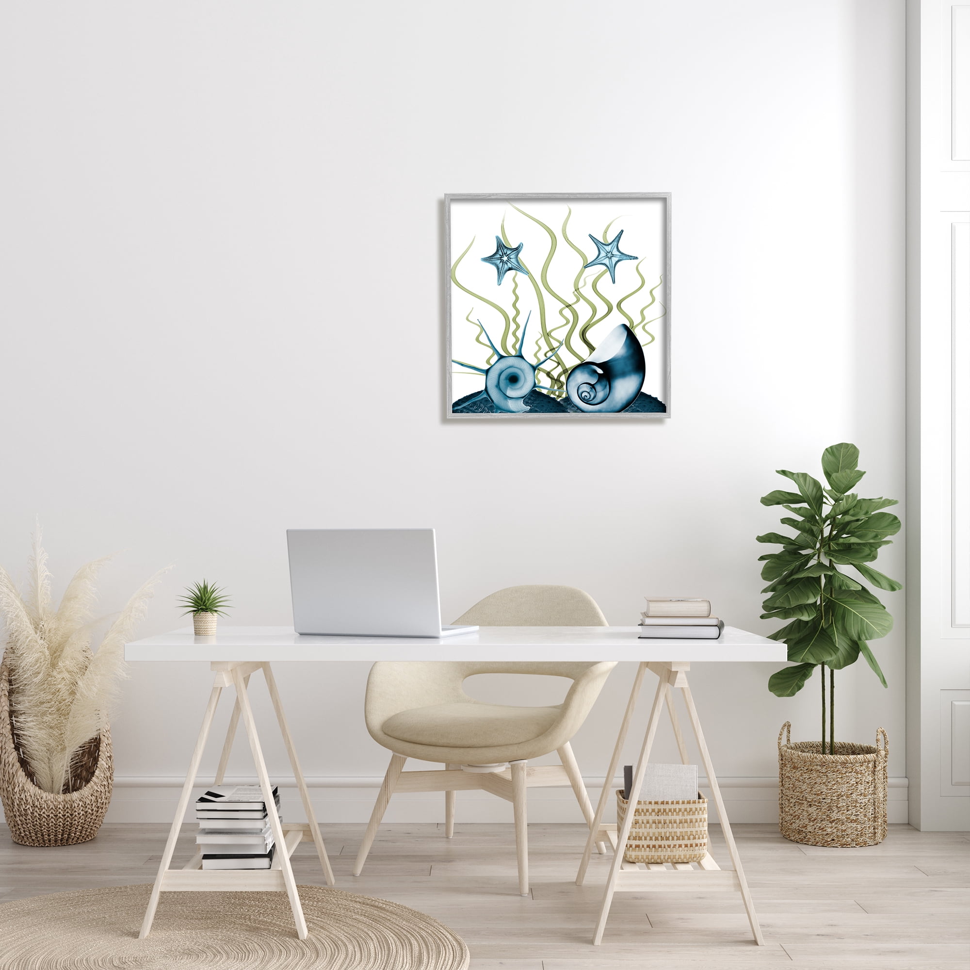 Stupell Industries Navy Blue Sea Floor Arrangement Translucent Shell Collage Nature Painting Gray Framed Art Print Wall Art, 24 x 24