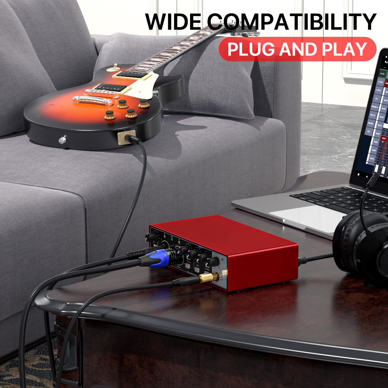Yunnyp USB Audio Interface 24Bit/192kHz High-Resolution Sound Card for Music Recording, Studio, Guitar, Podcast, Streaming, Compatible with PC and Mac, Metallic Red