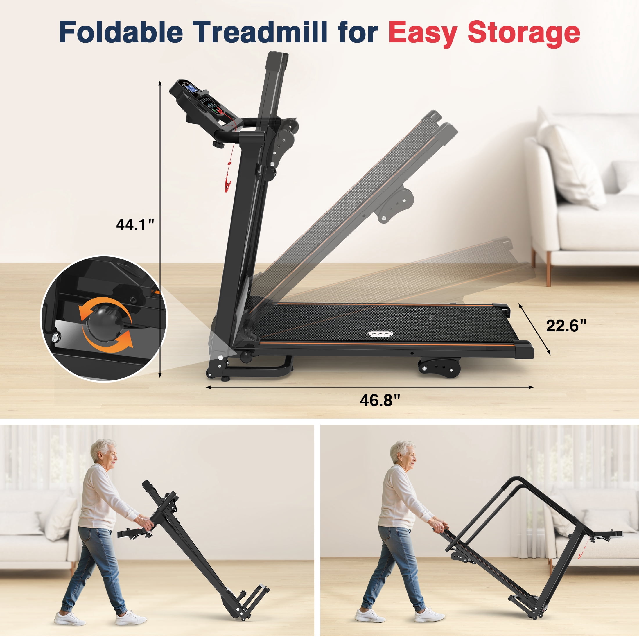 Hapycity Foldable Walking Treadmill for Seniors with Long Handrails & 0%-2% Incline, 300 lb Capacity for Home Recovery Fitness Exercise Machine