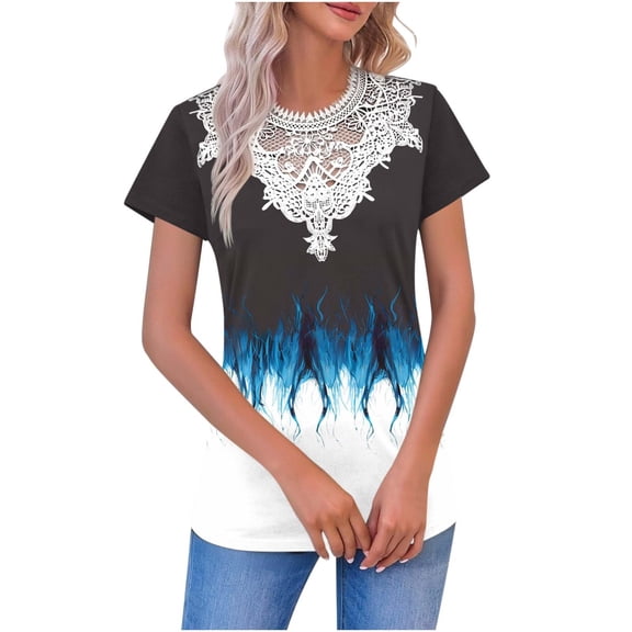 cocolona Womens Summer Tops Short Sleeve Lace V Neck T-shirt Fashion Casual Floral Print Tees Loose Tunic Blouses