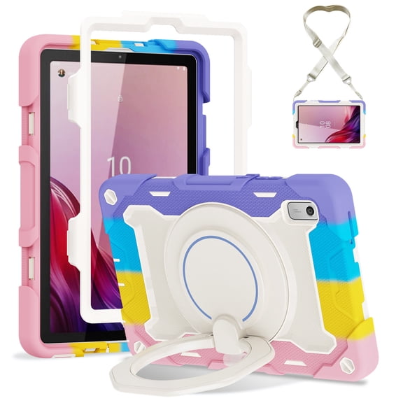 FJLBDE Case for Lenovo Tab M8 3rd Gen 2021/M8 HD 2nd Gen 2019 with 360 Kickstand, Shoulder Strap Carrying Protective Cover, Multicolor Pink