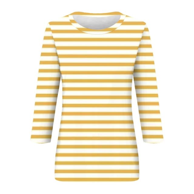 Ploknplq Elbow Length Tee Shirts for Women,Stripe Shirt,Workout T Shirts for Women,Tops Three Quarter Sleeve Tee T Shirt Side Split Tunic Blouse,Oversized Shirts for Women,Graphic Tee Yellow 3XL