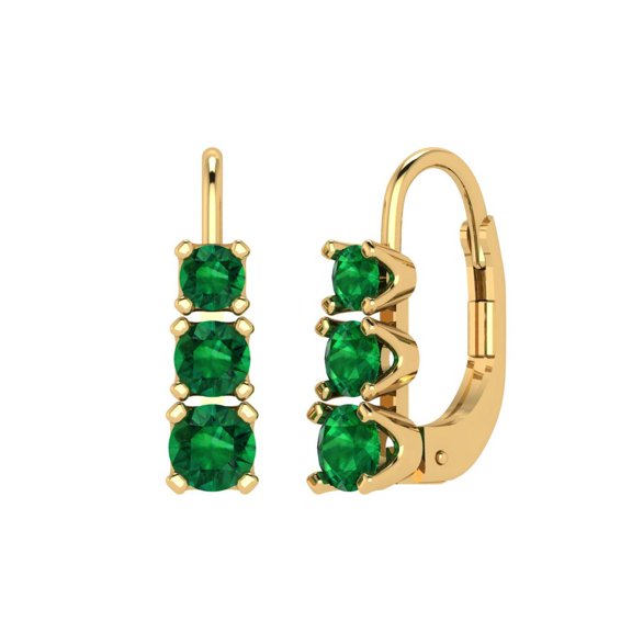 1.06 ct Lever-Back Drop Dangle Earrings for Women | 4mm Round Cut Simulated Emerald | 18K Yellow Gold