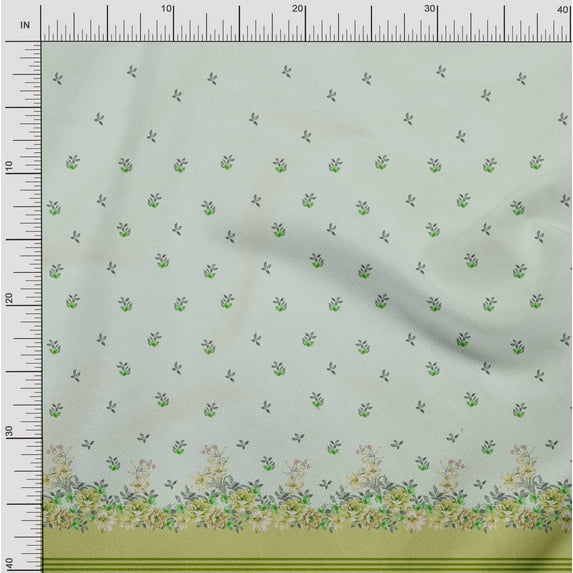 Soimoi Green Modal Satin Fabric Leaves & Artistic Floral Panel Decor Fabric Printed BTY 42 Inch Wide