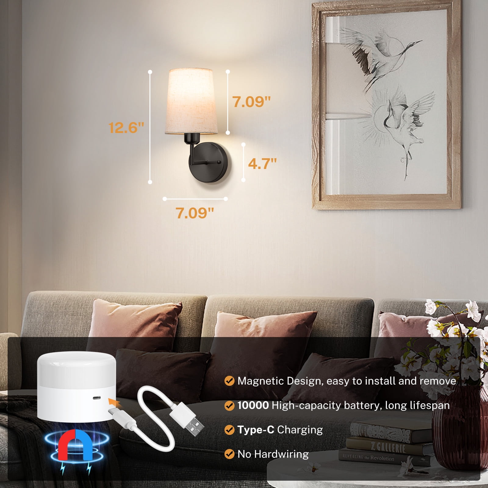 Wall Sconces Set of 2, Battery Operated Wall Lamp, Wireless Rechargeable Hallway Light with Remote, Dimmable Wall Light with Fabric Linen Shade for Bedroom Living Room