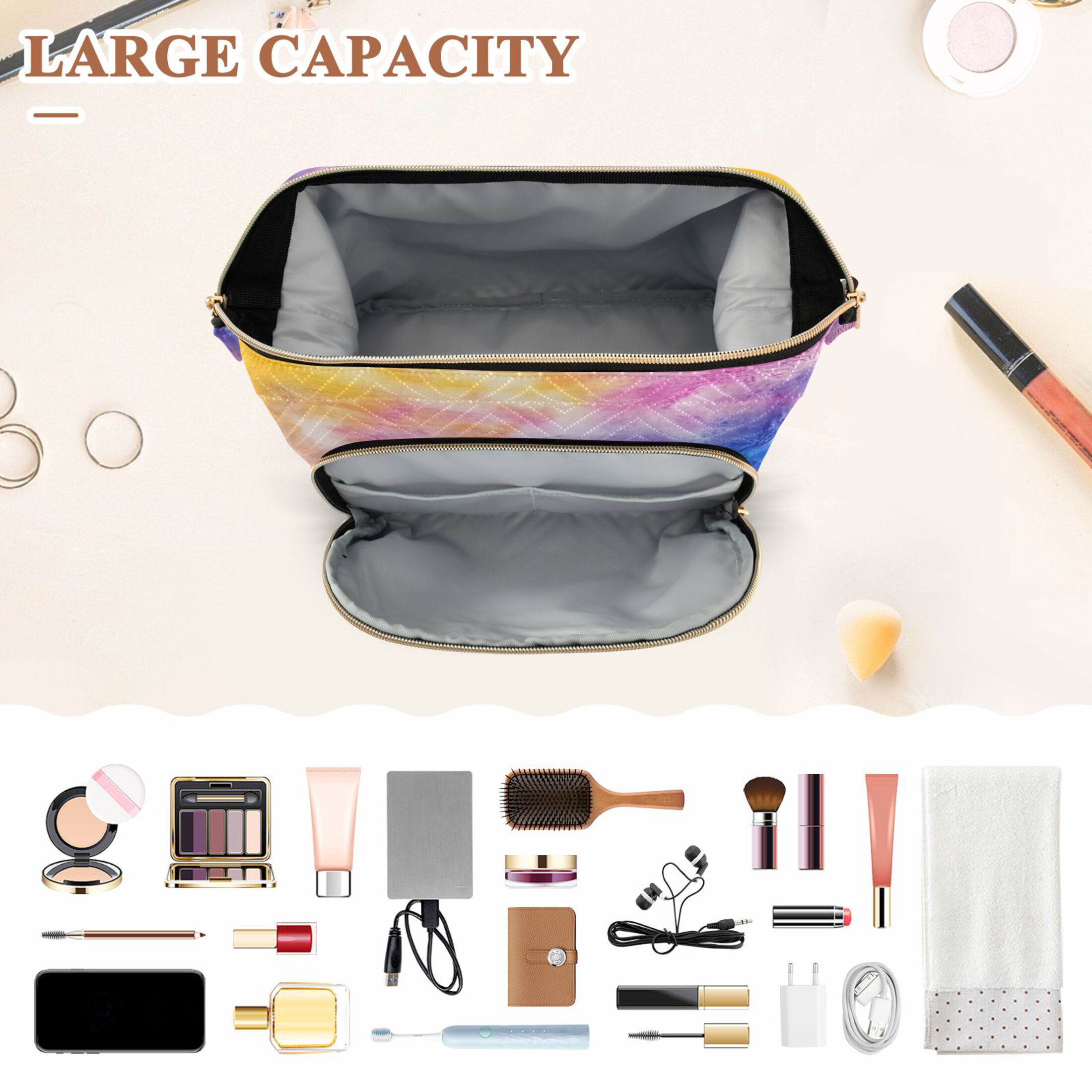 Wavy Quilted Cosmetic Bag Large-Capacity Travel Toiletry Organizer Includes 9-Piece Portable Travel Bottle Set Blue Purple Yellow Tie-dye