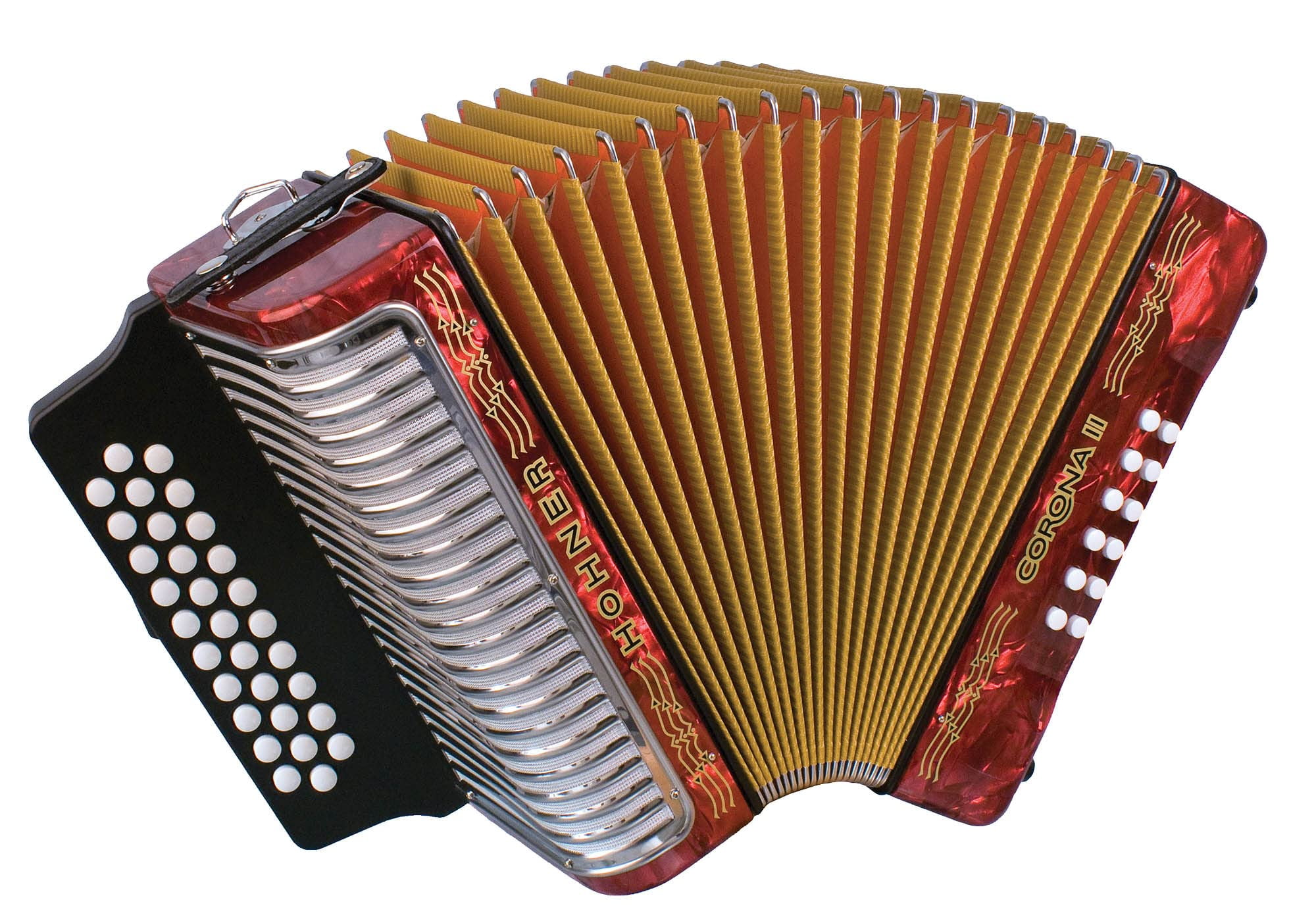 Hohner Corona II G/C/F Accordion - Pearl Red Bundle with Gig Bag, Straps, and Austin Bazaar Polishing Cloth