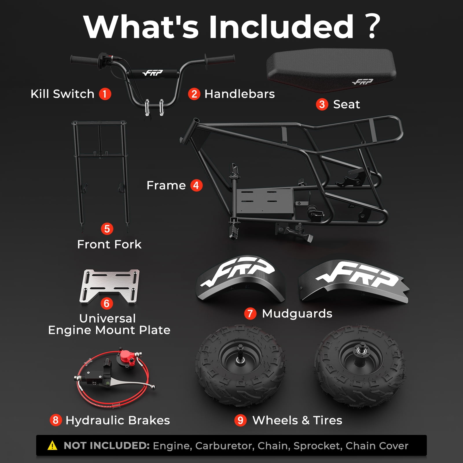 FRP GMB100 Mini Bike Upgraded Frame Roller Frame, No Engine—Tires, Hydraulic Brake, Seat, Fuel System & Wiring, DIY Bolt-On 79/98/196/212/225cc – Black