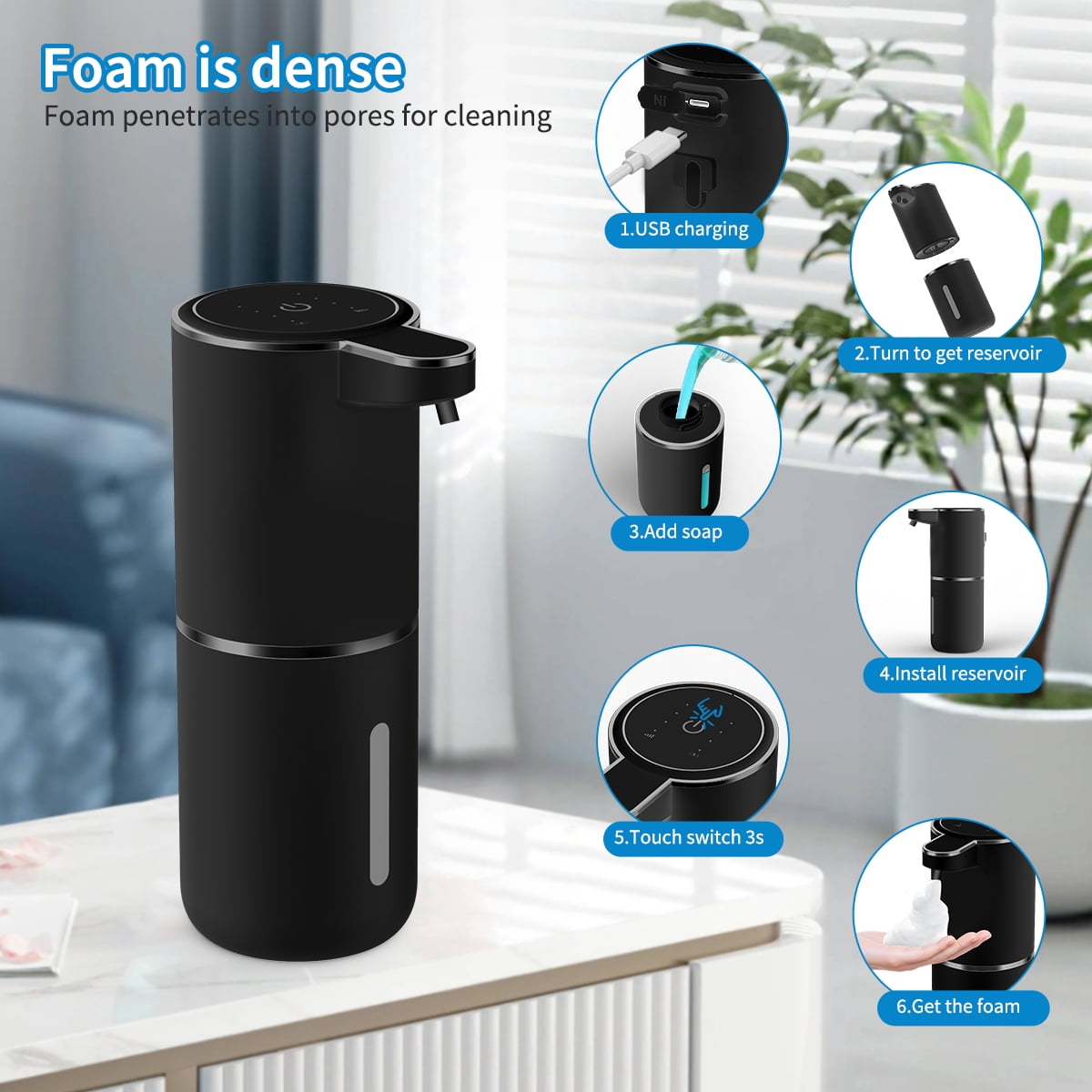 FEELSO Automatic Soap Dispenser, Touchless Foaming USB-C Rechargeable, 4-Level Adjustable, Wall Mount or Countertop, Black