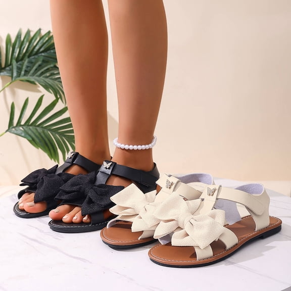 FRSASU Women's Sandals Dressy Bow Ankle Strap Sandal Open Toe Slides Flats Summer Cute Vacation Sandals White