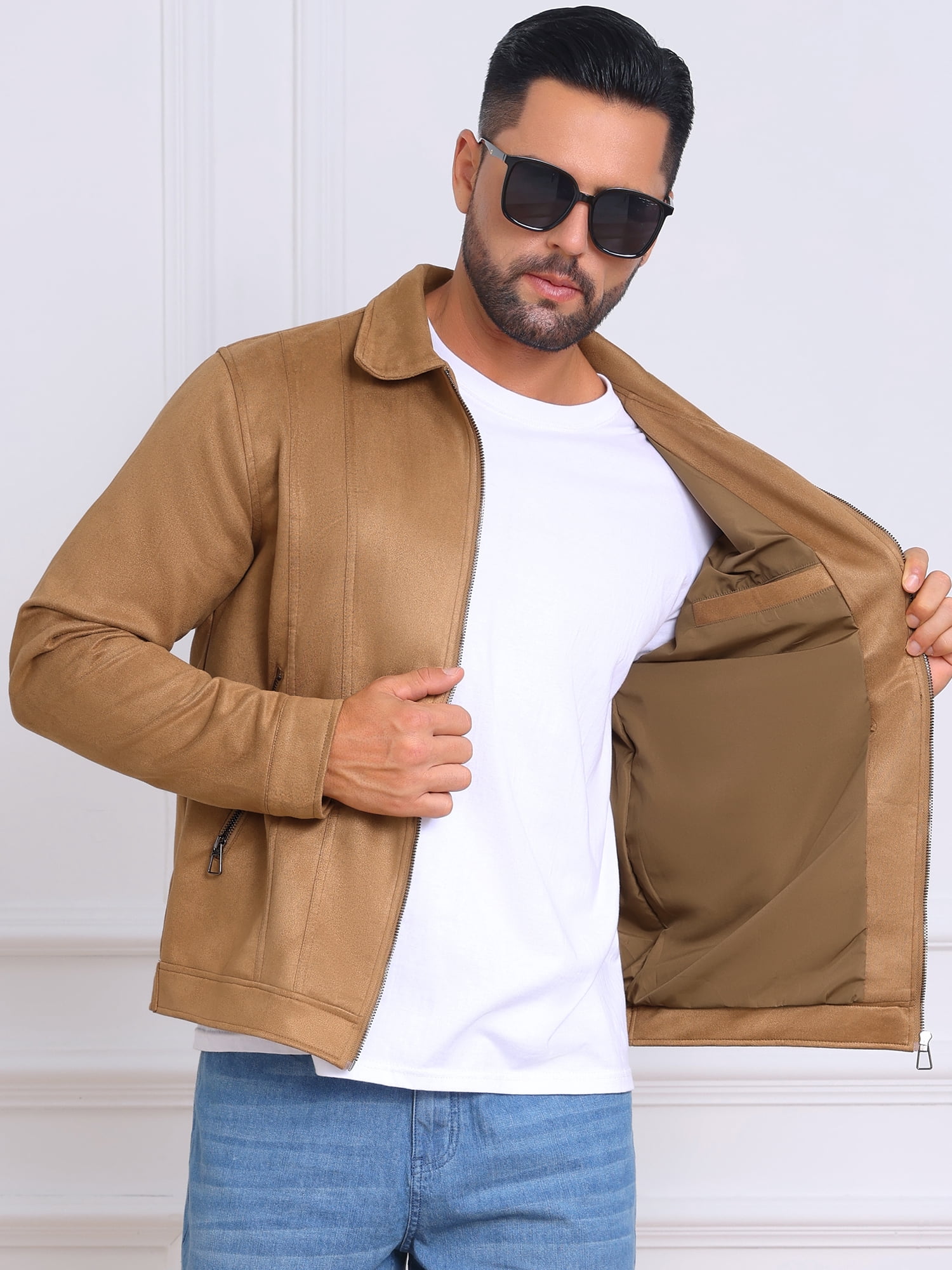 DARING DIVA Men's Collared Zipper Outdoor Wear Vintage Suede Jacket S Khaki