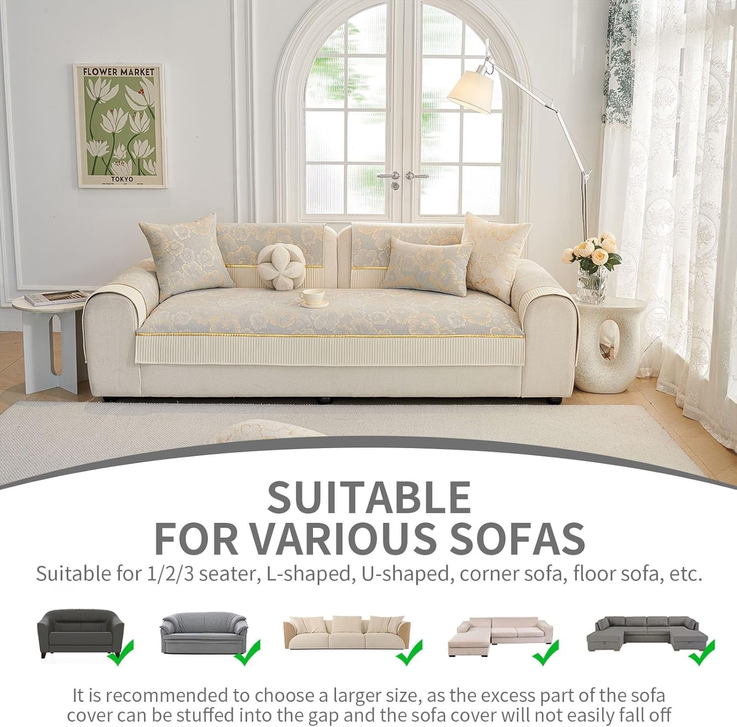 Modern Luxury Elegant Couch Cover, Soft Floral Leaf Chenille Sofa Cover, Non-Slip Washable Fits Various Sectional Sofa, Pet Kid-Friendly Furniture Protector,Gray-1pc 43"x94"