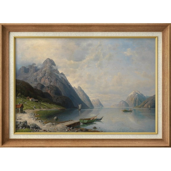 IDEA4WALL Premium Frame Wall Art Vintage Mountainside Country Lake Boats Landscape Print Nature Wilderness Illustrations Fine Art Countryside Colorful Artwork for Home Decor - 26"x36" Natural