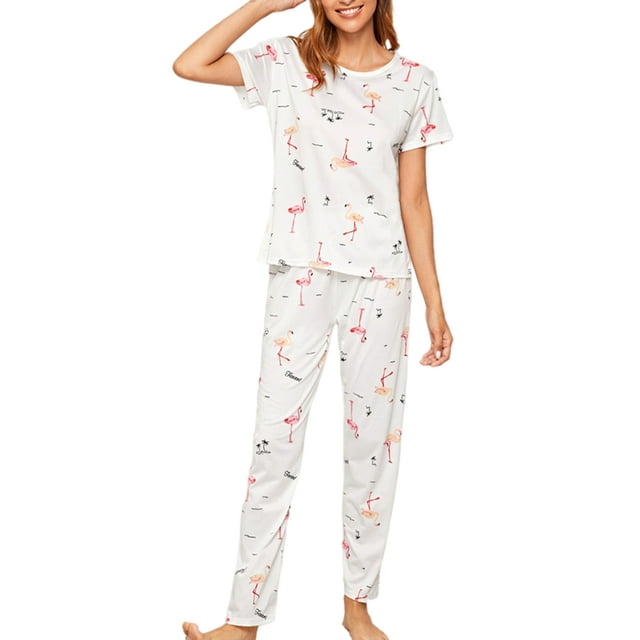 Innerwin Pajamas Set Plaid Printed Ladies Sleepwear Home Color Block Basic Nightwear Flamingo L