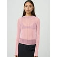 thumbnail image 2 of Women Sexy- See Through Long Sleeve T-Shirts Mesh Sheer Skinny Rib Scalloped Trim Tees Blouse Top Outfits Pink M, 2 of 7
