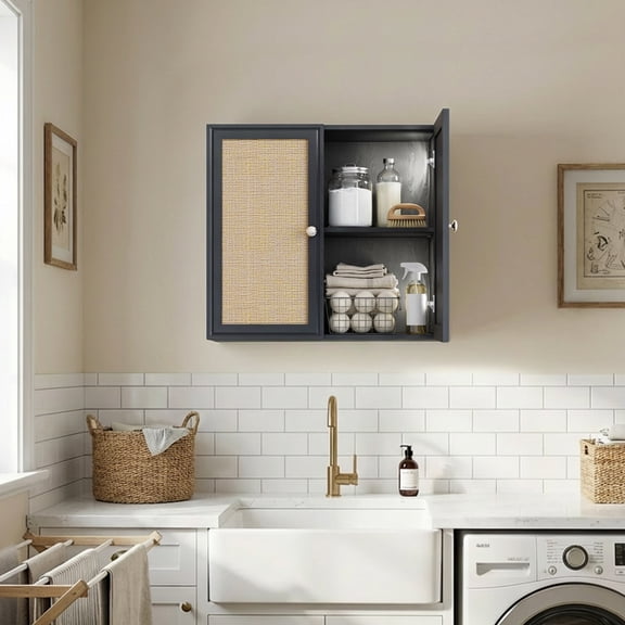 Rattan Laundry Room Wall Cabinets with Adjustable Shelves，24INCH Bathroom Cabinets Wall Mounted, Wall Cabinet Storage for Bedroom/Kitchen, Black