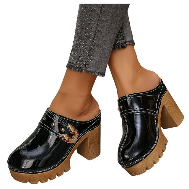Dakaela Mules à Talons Épais pour Femmes, Bout Rond Fermé, Sandales à Plateforme à Enfiler, Sabots Confortables Décontractés pour Robe, Chaussures 3,74 Po Noir 9,5