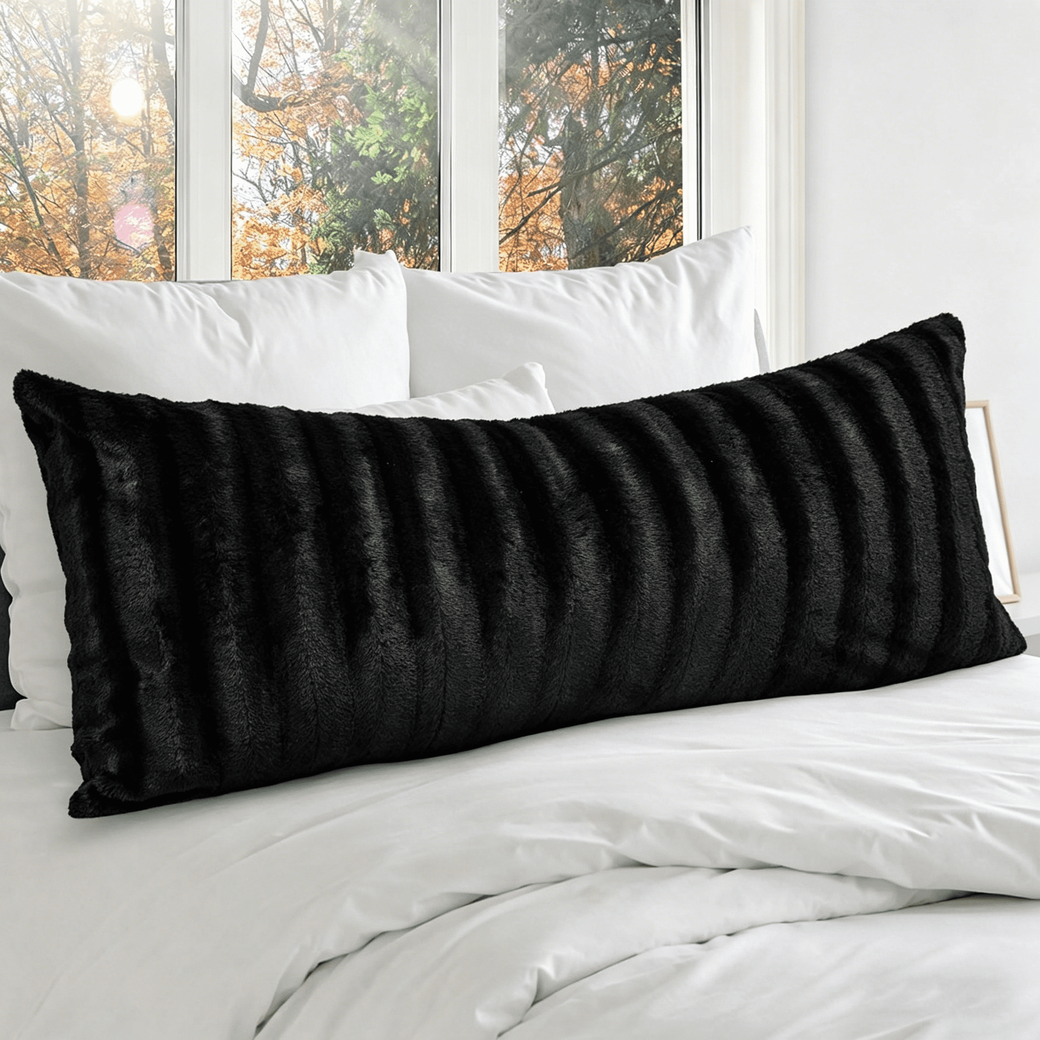 Wjsp Faux Fur Body Pillow 18"x40" Black Polyester Soft for Bed Couch Decorative