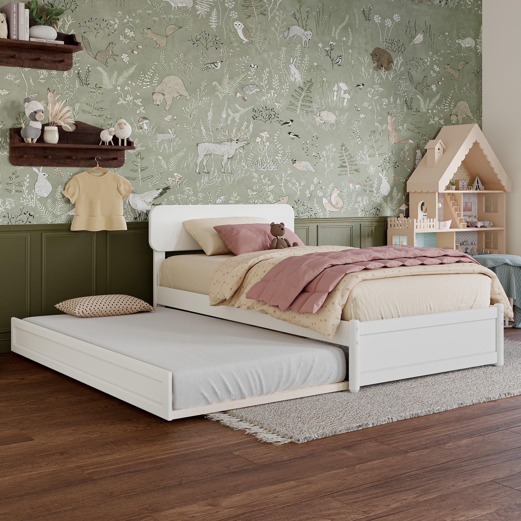 AFI Capri Twin Solid Wood Platform Bed with Panel Footboard and Twin Trundle, White