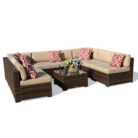 Outdoor All Weather Wicker Sectional Outdoor Furniture Sectional Sofa Set (9-Piece Set) All-Weather Brown Wicker with Beige Seat Cushions &Glass Coffee Table| Patio, Backyard, Pool| Steel Frame ()