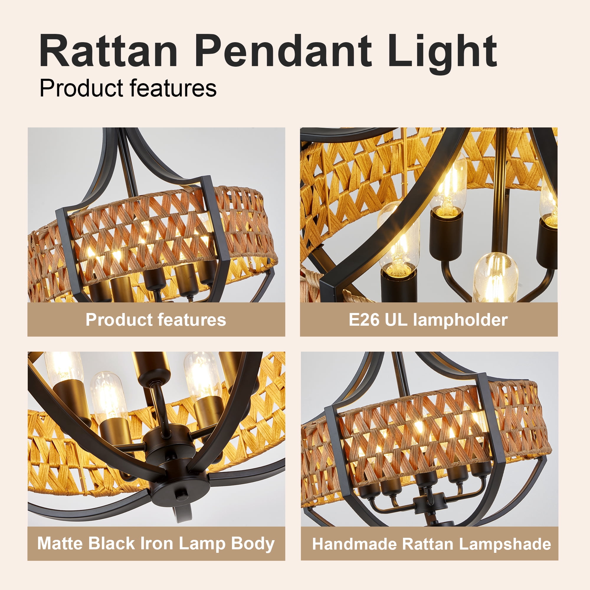 Leumius Rattan Chandelier, 5-Light Boho Chandelier with Natural Woven Reed Shade, Farmhouse Hanging Ceiling Light Pendant Light for Dining Room, Living Room, Foyer, Bedroom Hallway