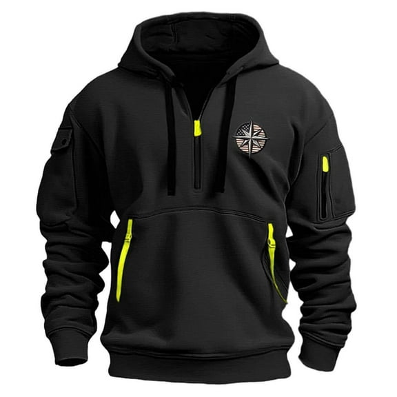 Hpapadks Men Hoodie Athleisure Half Zip Hoodies Pullover with Zippered Pocket Arm Embroidered Tactical Hooded Sweatshirts for Men