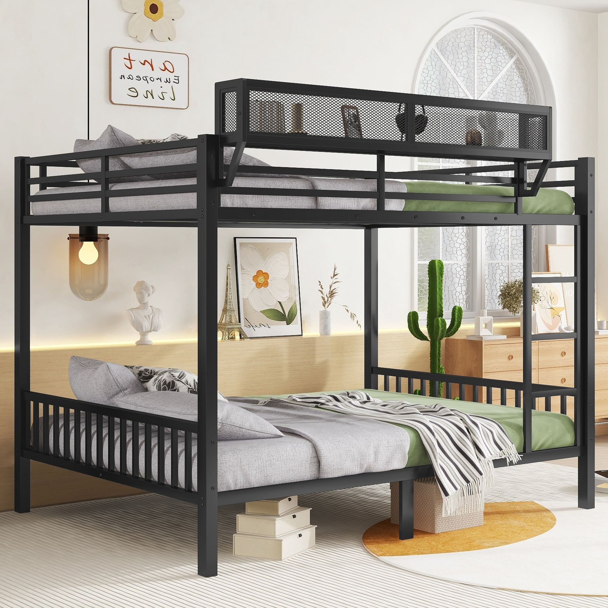 HOQBN Bunk Bed Queen over Queen,Heavy Duty Metal Bunk Bed Frame with Storage Shelf and Ladder,Black