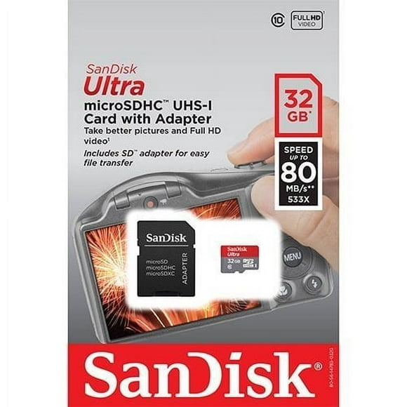 SanDisk Ultra 32GB UHS-I Class 10 MicroSDHC Memory Card Up to 80mb/s SDSQUNC-032G with adapter