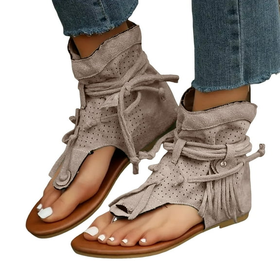 Roman Wide Mid Calf Flats Flip Flops for Women 2025 Boho Slouchy Tassel Thongs Low Heel Ankle Booties Sandals