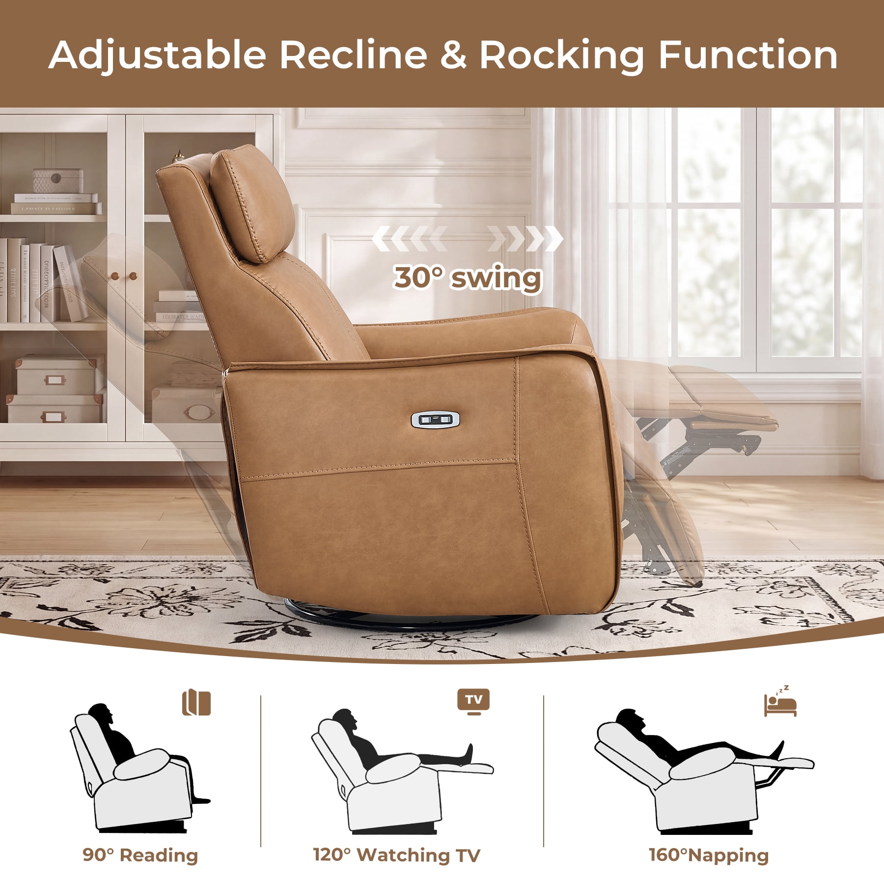 Ebello Power PU Leather Swivel Rocker Recliner, Electric Swivel Glider Chair with USB & Type-C Ports for Nursery, Living Room, Brown