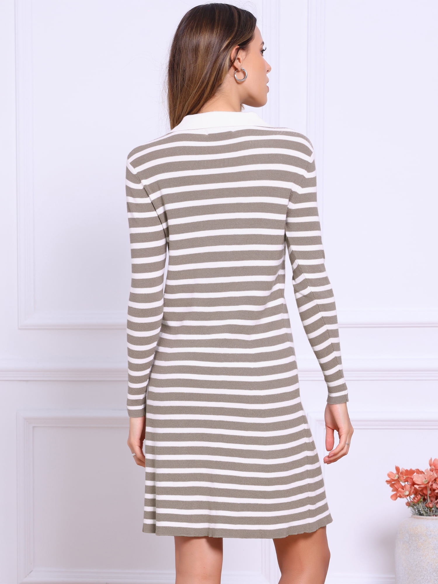 DARING DIVA Sweater Long Sleeve V Neck Above the Knee Striped Knit Dress XS Camel White