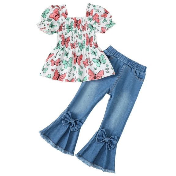 KIMI BEAR 5Y Little Girls Outfits 6Y Little Girls Pant Sets Puff Sleeves Short Sleeves Pullover Top Butterfly Top Bow Flared Denim Pants Jeans 2pcs Clothing Sets Pink