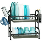 Dish Drying Rack, iSPECLE 2 Tier Dish Racks with Tray, Cup Utensil Holder for Kitchen, Black