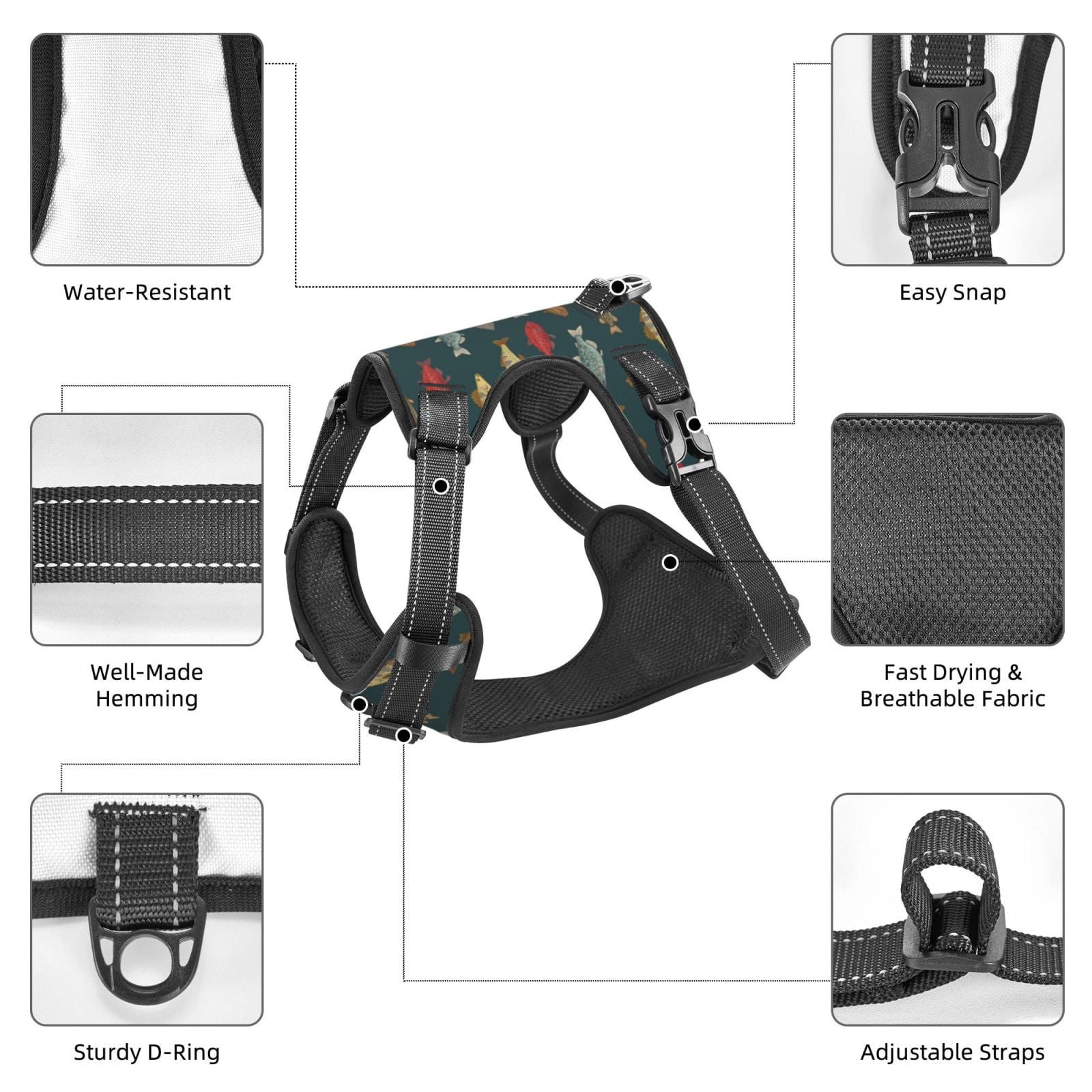Vsdgher River Freshwater Fish Pattern Dog Harness,No Pull Pet Harness with Soft Padded Handle,Adjustable Reflective Vest with 2 Buckles,4 Slide Buckles,S-XL Medium