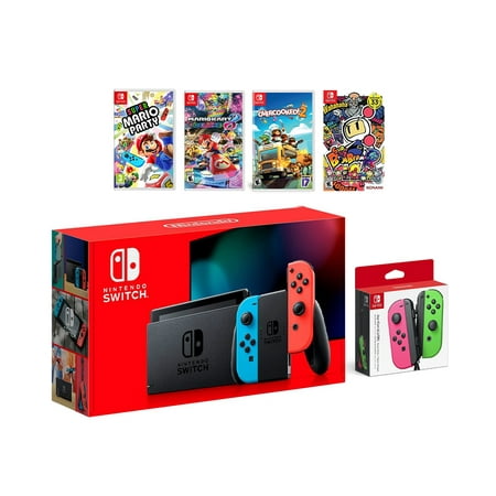2019 New Nintendo Switch Red/Blue Joy-Con Console Multiplayer Party Game Bundle + Neon Pink/Green Joy-Con, Super Mario Party, Mario Kart 8 Deluxe, Overcooked 2, Super Bomberman (Best Games Console For 7 Year Old 2019)