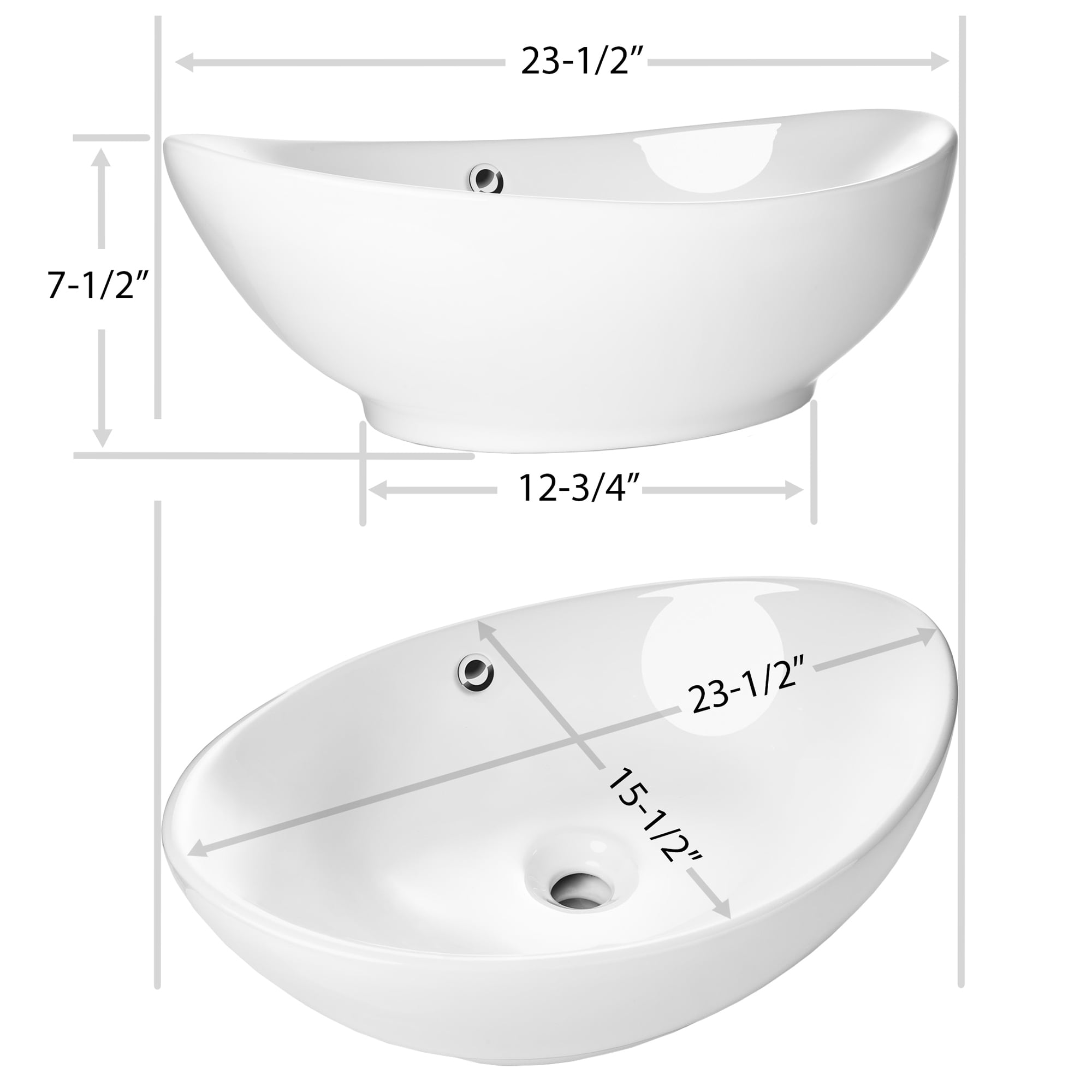 Miligoré 23" x 15" Oval White Ceramic Vessel Sink - Modern Egg Shape Above Counter Bathroom Vanity Bowl