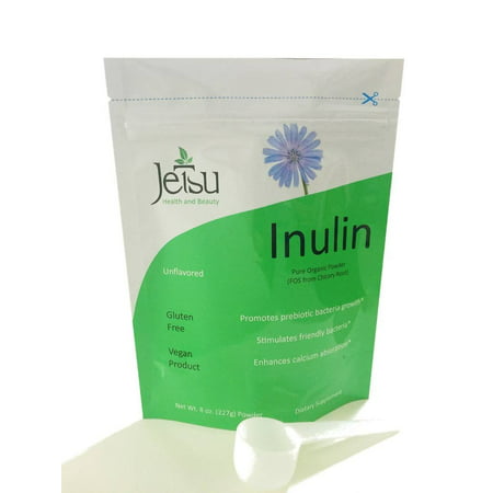 Chicory Root Inulin Powder (FOS), Soluble Organic Inulin Fiber prebiotic Supplement, unflavored, 8oz Pouch, Free Measuring Scoop. Dietary Fiber Promotes Digestive Health stimulating Healthy