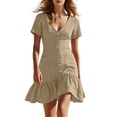 thumbnail image 2 of ClodeEU Women's V Neck Short Sleeve Mini Dress,Button Front Ruffle Hem Bodycon Dress Khaki,Women's Plus XXL, 2 of 7